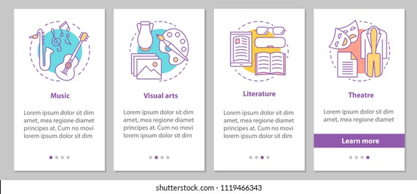 Types of art onboarding mobile app page screen with linear concepts. Music, visual arts, theater, literature steps graphic instructions. UX, UI, GUI vector template with illustrations