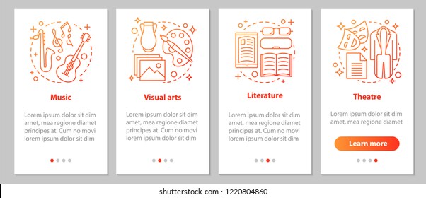 Types of art onboarding mobile app page screen with linear concepts. Music, visual arts, theater, literature steps graphic instructions. UX, UI, GUI vector template with illustrations