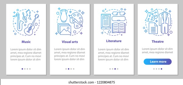 Types of art onboarding mobile app page screen with linear concepts. Music, visual arts, theater, literature steps graphic instructions. UX, UI, GUI vector template with illustrations
