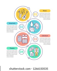 Types of art vector infographic template. Music, visual arts, theater, literature. Data visualization with four steps and options. Process timeline chart. Workflow layout