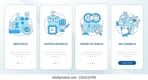 Types of artificial intelligence blue onboarding mobile app screen. Walkthrough 4 steps graphic instructions pages with linear concepts. UI, UX, GUI template. Myriad Pro-Bold, Regular fonts used