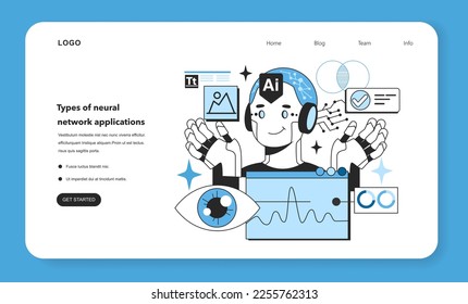 Tipos de aplicaciones de redes neuronales artificiales banner web o página de aterrizaje. Sistema de computación de autoaprendizaje para el procesamiento de datos. Máquina profunda aprendiendo tecnología moderna. Ilustración vectorial plana
