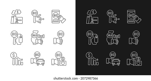 Types of auctions linear icons set for dark and light mode. Auctioneer. Bidding for vehicles and fine art. Customizable thin line symbols. Isolated vector outline illustrations. Editable stroke