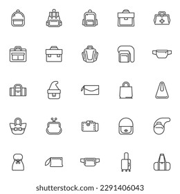 Types of bag line icons set. linear style symbols collection, outline signs pack. Women and men handbag vector graphics. Set includes icons as purse, clutch, backpack, suitcase, wallet, office bag