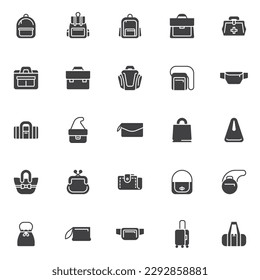 Types of bag vector icons set, modern solid symbol collection, filled style pictogram pack. Signs, logo illustration. Set includes icons as purse, clutch, backpack, suitcase, wallet, office bag