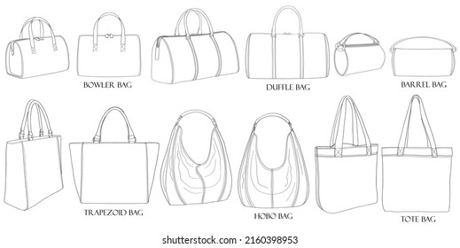 Types of bags. Bowling, hobo, trapezoid, duffle, barrel, tote. A set of bags isolated on a white background. Collection of luxury modern accessories.