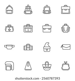 Types of Bags line icons set, outline vector symbol collection, linear style pictogram pack. Signs, logo illustration. Set includes icons as backpack, suitcase, handbag, purse, clutch, rucksack