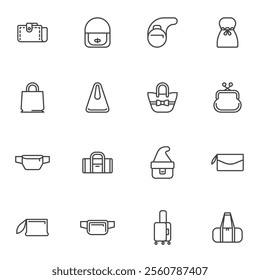 Types of bags line icons set, outline vector symbol collection, linear style pictogram pack. Signs, logo illustration. Set includes icons as handbag, clutch, suitcase, pouch, purse, belt bag