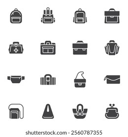 Types of Bags vector icons set, modern solid symbol collection, filled style pictogram pack. Signs, logo illustration. Set includes icons as backpack, suitcase, handbag, purse, clutch, rucksack