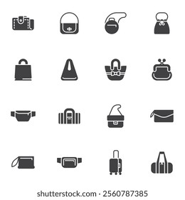 Types of bags vector icons set, modern solid symbol collection, filled style pictogram pack. Signs, logo illustration. Set includes icons as handbag, clutch, suitcase, pouch, purse, belt bag