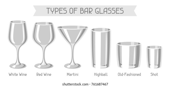 Types of bar glasses. Set of alcohol glassware.