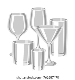 Types of bar glasses. Set of alcohol glassware.