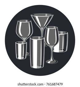 Types of bar glasses. Set of alcohol glassware.