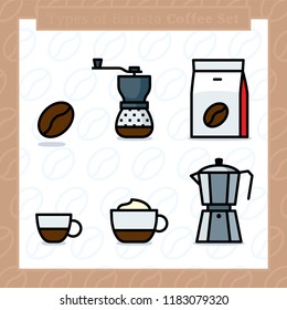 Types of barista coffee colored set - 1