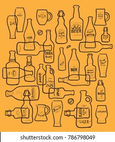 Types of beer in bottles and glasses on a yellow background. Vector drawing