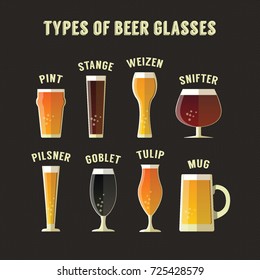 Types of beer glasses, eight glasses set 