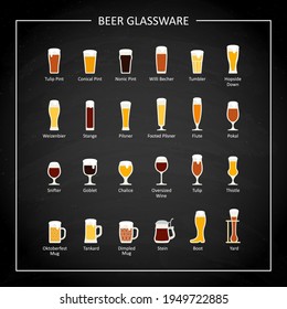 Types of beer glasses, flat icon on black chalkboard. Vector