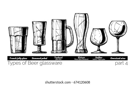 Types of Beer glassware. French jelly glass, stemmed pokal, tankard, weizen, snifter and Oversized wine glasses. illustration of stemwares in vintage engraved style. isolated on white background.