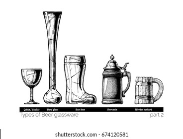 Types of Beer glassware. Goblet, Yard glass, Beer boot, stein and wooden tankard. illustration of stemwares in vintage engraved style. isolated on white background.