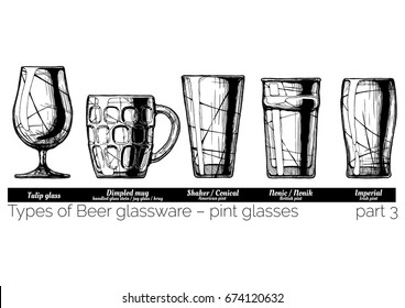 Types of Beer glassware, pint glasses. Tulip, dimpled, conical, nonic and imperial pints. illustration of stemwares in vintage engraved style. isolated on white background.