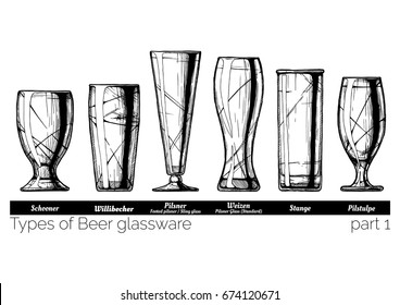 Types Of Beer Glassware. Schooner, Willibecher, Pilsner, Weizen, Stange And Pilstulpe Glasses. Illustration Of Stemwares In Vintage Engraved Style. Isolated On White Background.