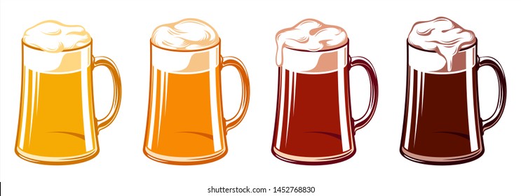 Types of beer for Oktoberfest in tankard beer glass mugs. Light, wheat, lager, ale, cold, red, pale, porter, dark, stout. Set of vector icons in hand drawn style illustration.