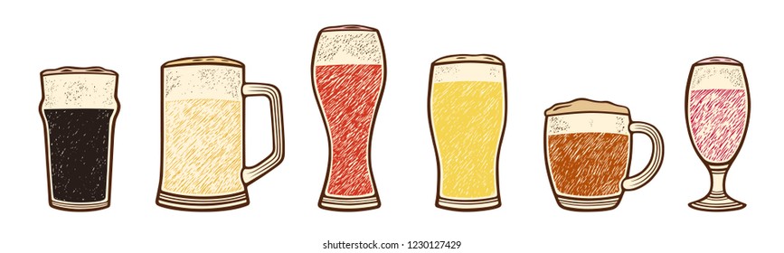 Types of beer set. Hand drawing beer concept Isolated on white.