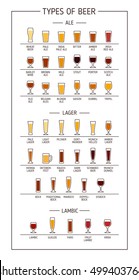 Types of beer. Various types of beer in recommended glasses. Vector illustration