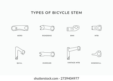 Types of bicycle stem vector graphic illustration. Simple line art outline of bicycle stem icons collections