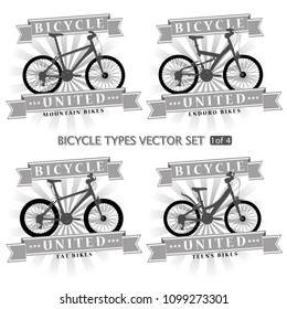 Types of bicycles in the form of silhouettes. Bikes are located on separate layers and can be used without framing.