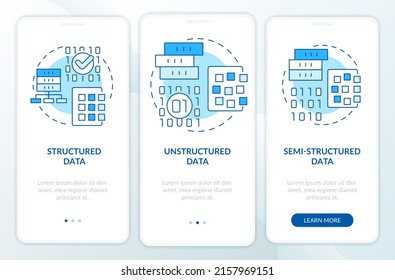 Types of big data blue onboarding mobile app screen. Database structure walkthrough 3 steps graphic instructions pages with linear concepts. UI, UX, GUI template. Myriad Pro-Bold, Regular fonts used