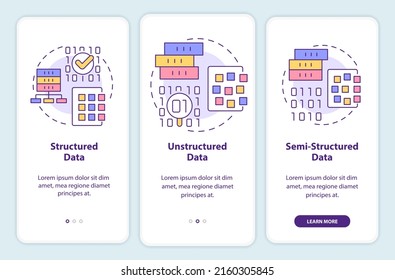 Types of big data onboarding mobile app screen. Database structure walkthrough 3 steps graphic instructions pages with linear concepts. UI, UX, GUI template. Myriad Pro-Bold, Regular fonts used