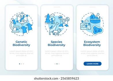 Types of biodiversity blue onboarding mobile app screen. Walkthrough 3 steps editable graphic instructions with linear concepts. UI, UX, GUI template