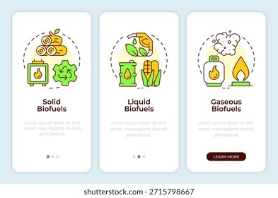 Arten von Biokraftstoff Onboarding Mobile App Bildschirm. Organisches Material. Exemplarische Vorgehensweisen 3 Schritte bearbeitbare grafische Anweisungen mit linearen Konzepten. UI, UX, GUI