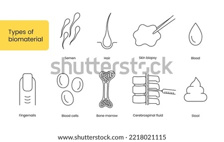 Types of biomaterial a set of line icons in vector, illustration of human sperm and hair, blood and nails, cerebrospinal fluid and bone marrow.