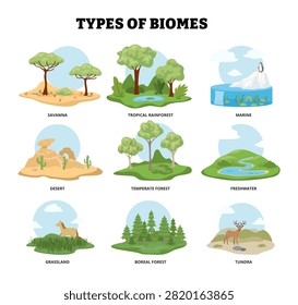 Types of biomes. Diverse environment ecosystem. Habitat landform climate zones division. Savanna, tropical rainforest, marine, desert, temperate forest, freshwater, grassland, boreal forest, tundra.