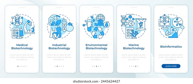 Tipos de pantalla de App móvil de incorporación azul de biotecnología. Tutorial 5 pasos: instrucciones gráficas editables con conceptos lineales. UI, UX, Plantilla GUI. Montserrat SemiBold, Fuentes regulares utilizadas