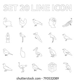Types of birds outline icons in set collection for design. Home and wild bird vector symbol stock web illustration.