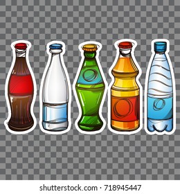 Types of bottles with drinks color illustration for menu design, packaging, for creating a logo or emblem.