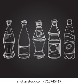Types of bottles with drinks white contour drawing on a black board for menu design, packaging, for creating a logo or emblem.