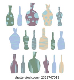 Types of bottles icons in set collection for design. Simple elements in blue, green, beige, brown colors. Bottles. Hand drawn set of lot of geometric shapes.