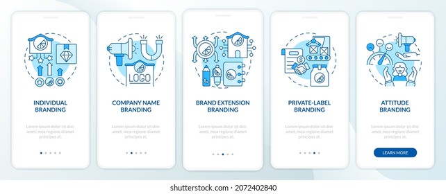 Types of branding strategies blue onboarding mobile app page screen. Business walkthrough 5 steps graphic instructions with concepts. UI, UX, GUI vector template with linear color illustrations