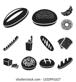 Types of bread black icons in set collection for design. Bakery products vector symbol stock web illustration.