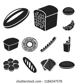 Types of bread black icons in set collection for design. Bakery products vector symbol stock web illustration.