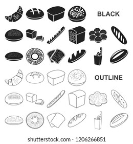 Types of bread black icons in set collection for design. Bakery products vector symbol stock web illustration.