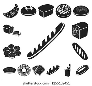 Types of bread black icons in set collection for design. Bakery products vector symbol stock web illustration.