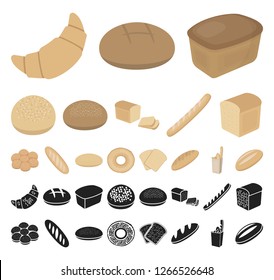 Types of bread cartoon, black icons in set collection for design. Bakery products vector symbol stock web illustration.
