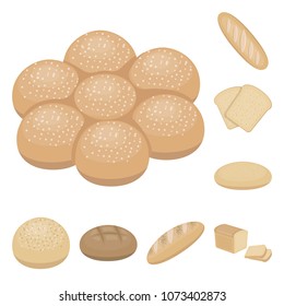 Types of bread cartoon icons in set collection for design. Bakery products vector symbol stock web illustration.