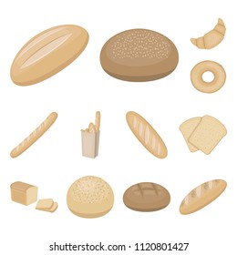 Types of bread cartoon icons in set collection for design. Bakery products vector symbol stock web illustration.