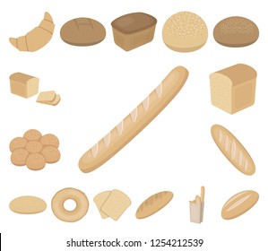 Types of bread cartoon icons in set collection for design. Bakery products vector symbol stock web illustration.